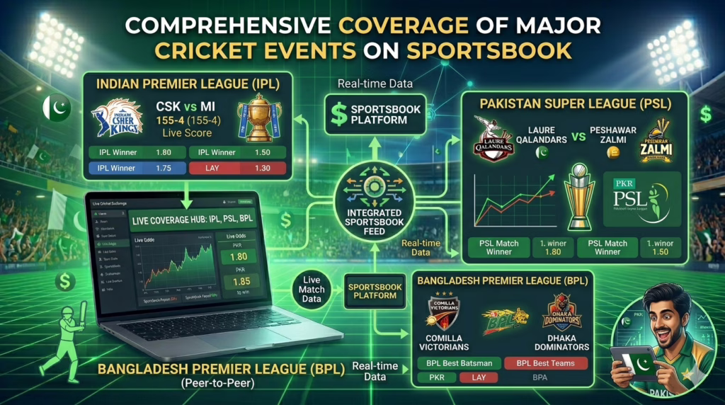 An infographic-style digital banner showcasing comprehensive sportsbook coverage of major cricket leagues including the Indian Premier League (IPL), Pakistan Super League (PSL), and Bangladesh Premier League (BPL), featuring real-time match scores, PKR betting odds on a laptop, and a dedicated mobile user interface.