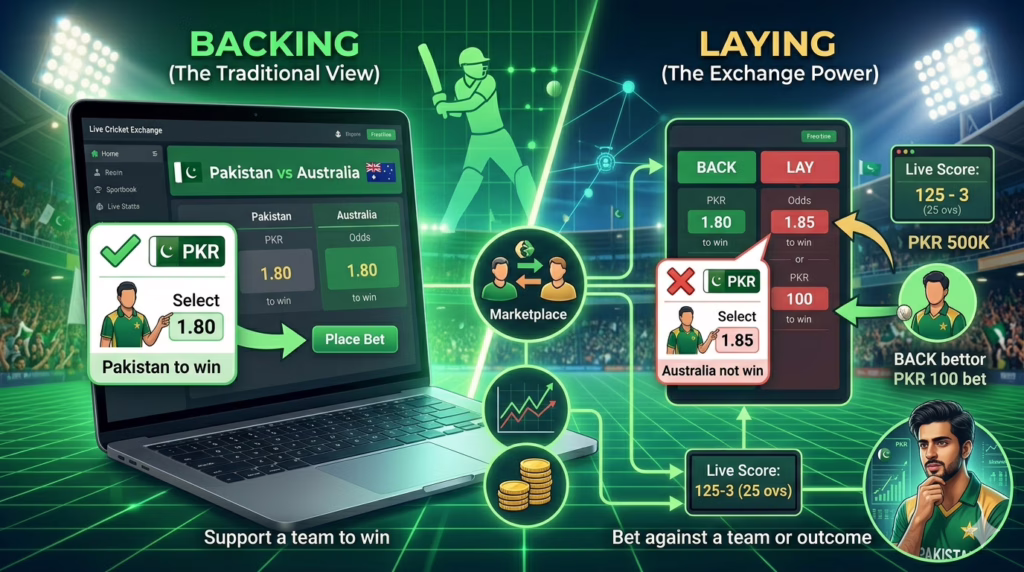 An educational infographic explaining live cricket exchange concepts, showing the peer-to-peer marketplace between a 'Backer' and a 'Layer,' real-time PKR odds on a laptop and mobile interface, and a comparison between traditional sportsbook margins and exchange commissions.