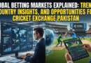 Global Betting Markets Explained: Trends, Country Insights, and Opportunities for Cricket Exchange Pakistan The image is split into two visual themes: on the left, a professional analyst in a high-tech office monitors global market data and world maps on multiple screens. On the right, a vibrant cricket stadium serves as the backdrop for a person using a tablet that displays a cricket exchange interface featuring the Pakistan flag. A digital globe with glowing connection lines links the two sides, symbolizing the intersection of global market trends and local sports betting opportunities.