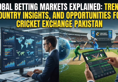 Global Betting Markets Explained: Trends, Country Insights, and Opportunities for Cricket Exchange Pakistan The image is split into two visual themes: on the left, a professional analyst in a high-tech office monitors global market data and world maps on multiple screens. On the right, a vibrant cricket stadium serves as the backdrop for a person using a tablet that displays a cricket exchange interface featuring the Pakistan flag. A digital globe with glowing connection lines links the two sides, symbolizing the intersection of global market trends and local sports betting opportunities.