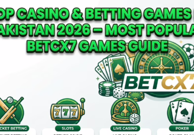 Casino & Betting Games in Pakistan 2026 – Most Popular BetCX7 Games Guide A comprehensive guide-style image with a large "BetCX7" logo in the center. Below the logo are stylized circular icons representing Cricket Betting, Slots, Live Casino, and Poker, all in a consistent green and white theme.